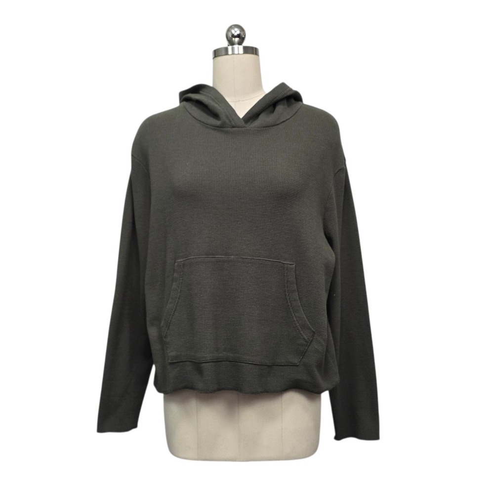 Pact Cotton Waffle Knit Hoodie Olive Green Brown Thermal Pullover Womens Large‎